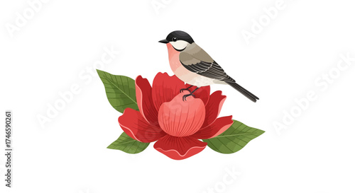 Cute bird perched on a vibrant red flower illustration creating a peaceful moment in nature