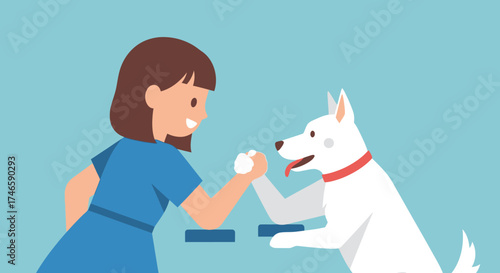 Girl and her Dog Arm Wrestling, Illustrating Friendship and Healthy Competition on Blue Background