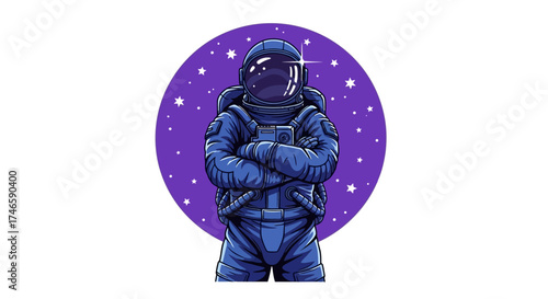 Cartoon astronaut with crossed arms in space suit against starry purple backdrop