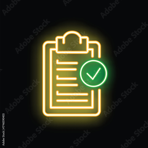 Neon sign showing a clipboard with a checklist and a validation mark, representing a completed task