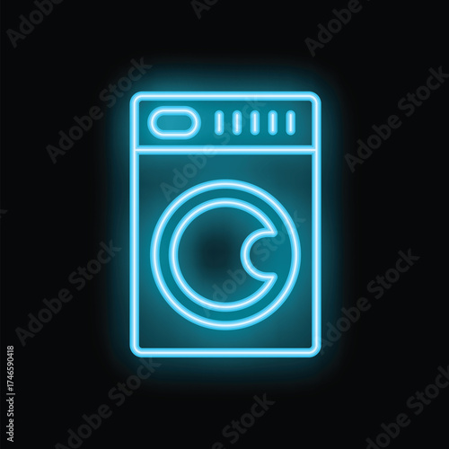 Blue neon sign depicting a front loading washing machine with a black background, ideal for laundry and appliance related designs