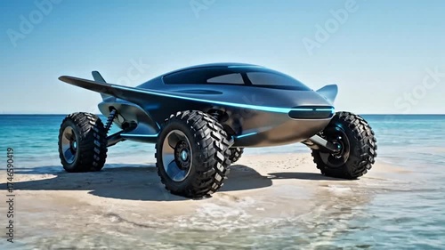 Sleek, futuristic dark vehicle with large rugged tires parked on a sunny sandy beach by the ocean.