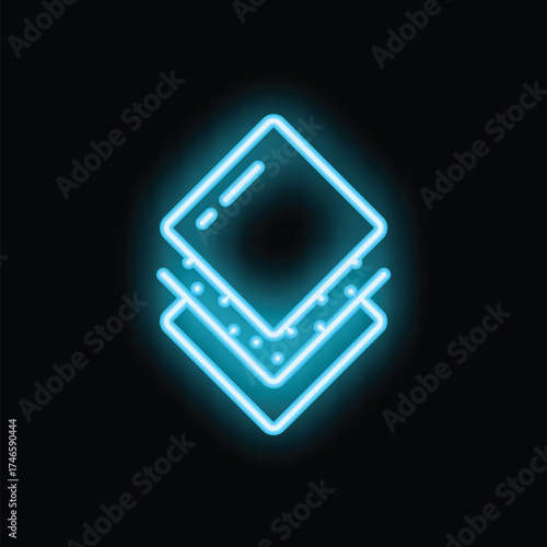 Blue neon icon of layers depicting a hierarchical structure, symbolizing organization, levels, and data management
