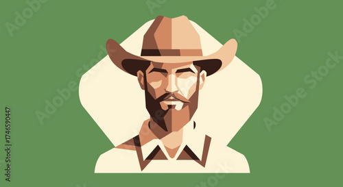 Stylized portrait of a rugged cowboy with beard and hat, set against green background, vintage and