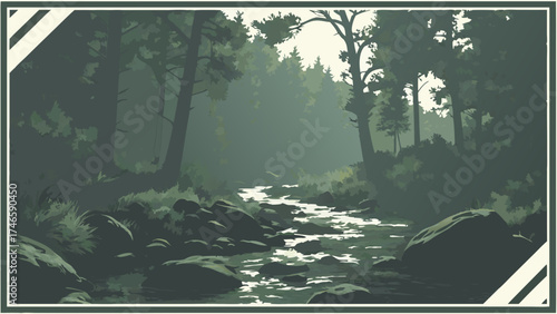 Serene forest stream flowing through lush green trees and rocks.