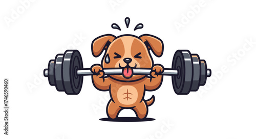 Cartoon dog lifting heavy barbell with effort and determination on white background