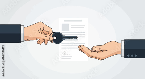 Illustration of a property exchange with a key and signed document concept
