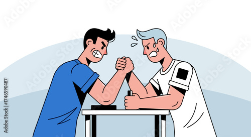Intense arm wrestling match between two determined men challenging each other and testing strength