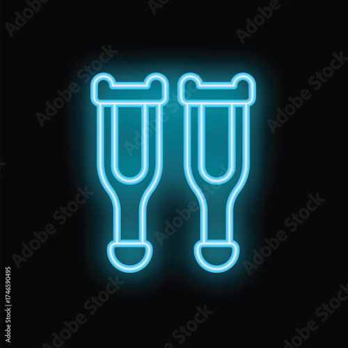 Bright blue neon icon of crutches glowing on a dark background, representing medical aid and rehabilitation