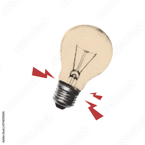Light bulb halftone element for cut out collage. Retro mixed media vector illustration isolated on transparent background.