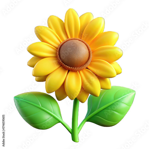 A vibrant cartoon sunflower with yellow petals brown center and green leaves on a black background Isolated on transparent background, png