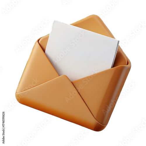 An open orange envelope with a white card sticking out against a plain black background in a studio shot Isolated on transparent background, png