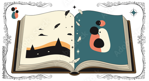 An open book depicts two contrasting worlds of imagination and wonder.