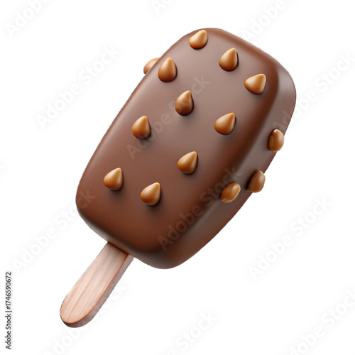 Close up of a chocolate ice cream bar with nuts on a stick against a black background studio shot Isolated on transparent background, png