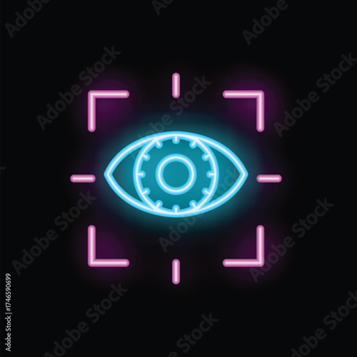 Neon icon of an eye being scanned, representing concepts such as facial recognition and biometric identification
