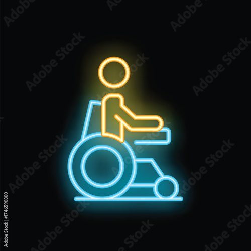 Neon sign illuminating a disabled person using a wheelchair on black background