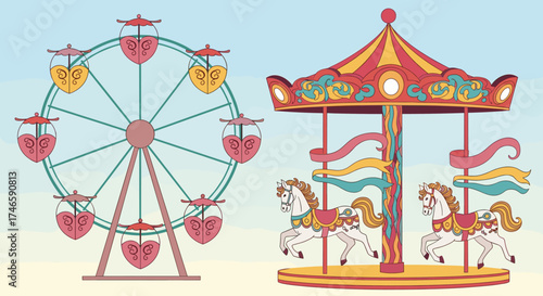 A vibrant amusement park scene featuring a colorful carousel and a charming Ferris wheel under a bright sky.