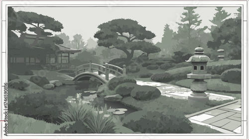 Serene Garden Scene Tranquil Pond Bridge and Stone Lantern Illustration.