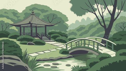 Serene Garden Scene with Pavilion and Bridge Peaceful Landscape Illustration for Relaxation and Zen Themes.