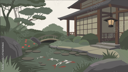 Serene Garden with Koi Pond and Traditional House Illustration.