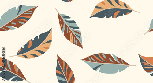 A collection of stylized feathers in warm autumnal colors arranged in a scattered pattern on a pale cream background.