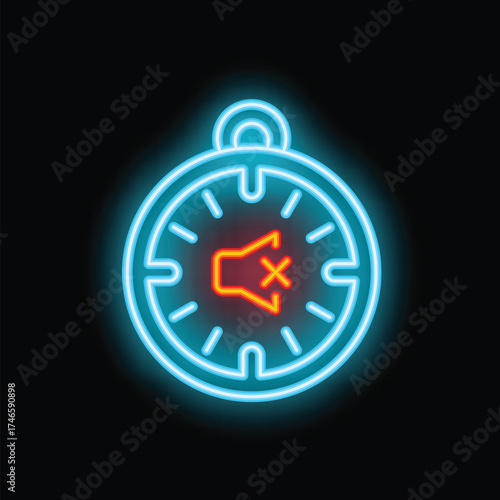 Glowing neon line compass with sound mute icon isolated on black background. Vector illustration