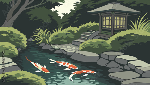 Serene Koi Pond in a Tranquil Garden with Pavilion Illustration.