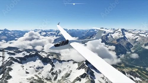 A white glider soars gracefully over majestic snow-capped mountains under a clear blue sky with scattered clouds, showcasing a breathtaking aerial view.