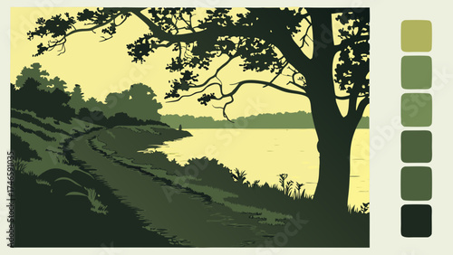 Serene Lakeside Path at Sunset Nature Illustration with Olive Green Color Palette.