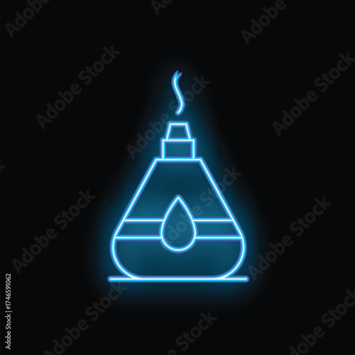 Neon blue essential oil diffuser spreading droplet shape smoke on black background