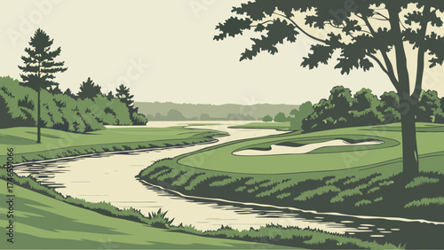 Serene Landscape Illustration Golf Course by River with Trees and Green Fields.