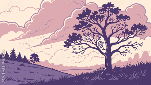 Serene Landscape Illustration Silhouetted Trees Rolling Hills and Cloudy Sky Ideal for Nature Calm and Peaceful Designs.