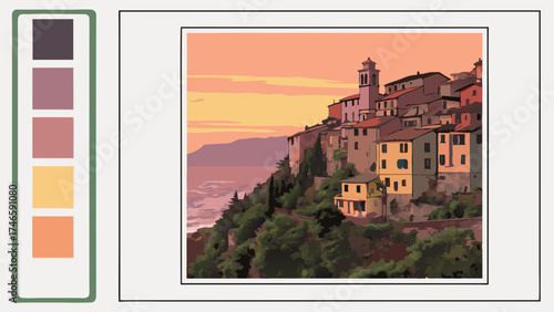 Sunset Coastal Town Mediterranean Village Hillside Houses Warm Colors Artistic Illustration Travel Poster Vacation Design Architectural Painting.