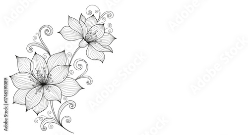 Delicate ink floral illustration with swirling vine elements and botanical details.