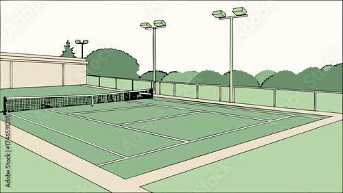 Tennis Court Illustration Green Field Sports Facility Outdoor Recreation Summer Activity Sporting Equipment Court Lines Net Fence Lighting Vector Graphic Simple Design Clean Style Mi.