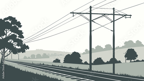 Train Tracks Through Rural Landscape Power Lines Trees Hills Silhouette Illustration.