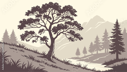 Serene nature landscape with trees river and mountains in a minimalist style illustration.