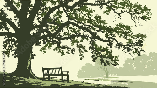 Serene Park Bench Under a Large Tree Peaceful Nature Scene Tranquil Outdoor Setting for Relaxation and Calm.
