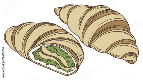 Two Croissants with Green Filling Delicious Pastry Illustration for Bakery Menu Recipe Book or Food Blog.