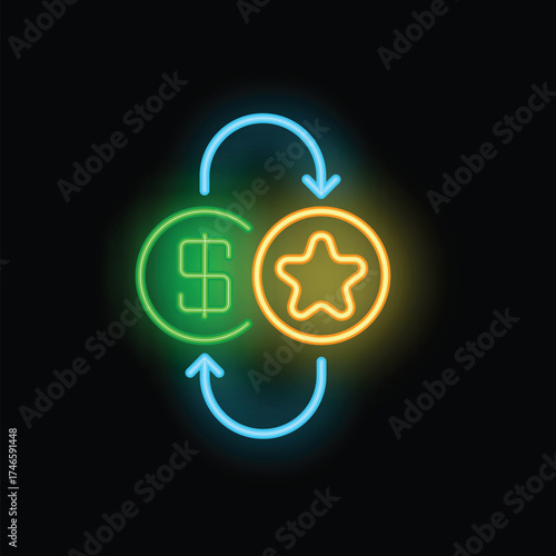 Neon sign illustrating the concept of a customer loyalty program with a circular arrow exchanging dollars and bonus points