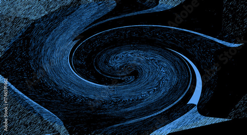 Abstract blue swirl with textured patterns and dark background