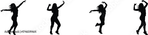 Joyful silhouette of a young woman dancing in four energetic poses isolated on capturing movement and freedom vector