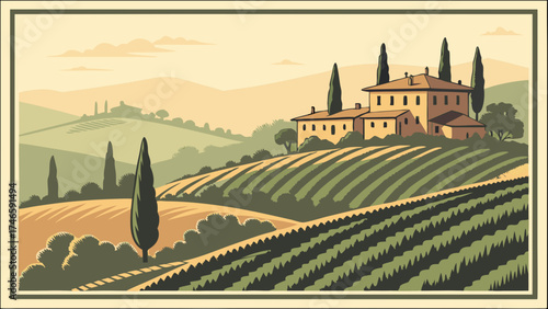 Vintage illustration of a countryside villa nestled in rolling hills with vineyards and cypress trees.