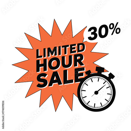 Limited hour sale 30 percent off isolated on white background orange starburst with a stopwatch to promote a flash sale