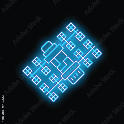 Glowing neon line artificial satellite is sending signal on black background icon isolated vector illustration
