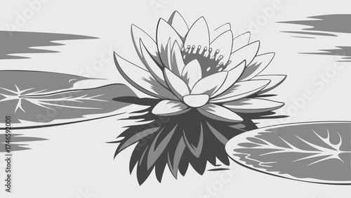 Water Lily Flower in Monochromatic Style Botanical Illustration Aquatic Plant Grey Scale Floral Design Nature Art Lily Pad Water Plant Elegant Design Simple Flower Monochrome Illustrati.