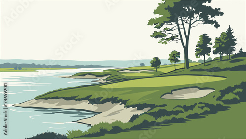 Serene River Landscape with Golf Course and Lush Greenery.