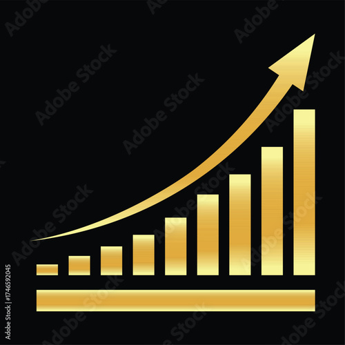 Golden shiny arrow is going up isolated on a black background. Gold arrow, Vector.Business concept, growing chart. Concept of sales symbol icon with arrow moving up. Economic Arrow With Growing Trend.