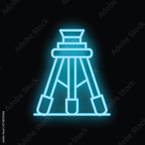 Blue neon sign icon representing a tripod on a black background, ideal for a photography studio