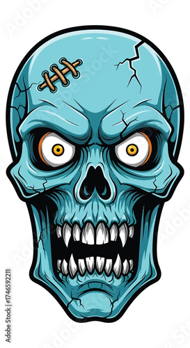 Cartoon zombie skull with stitches and wide eyes for halloween
